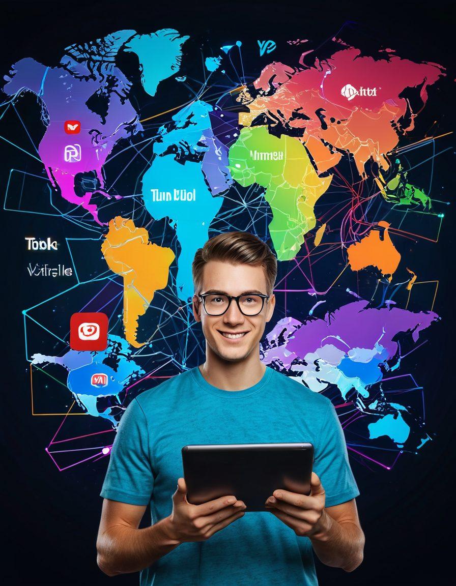 A dynamic collage of various online video platform icons (YouTube, Vimeo, TikTok) interconnected by glowing lines, with an energetic content creator in the center holding a tablet, showcasing a web clip going viral. Background features a digital world map with engagement metrics like likes, shares, and comments floating around. vibrant colors. super-realistic.