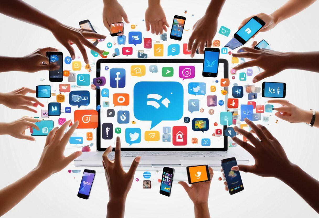 A dynamic collage of various devices including smartphones, tablets, and laptops, all showing vibrant viral video snippets being shared and streamed. Includes users' hands tapping share buttons and animated social media icons like share, retweet, and like, flying around. Bright, lively color palette with a futuristic tech vibe, emphasizing connectivity and excitement. super-realistic. vibrant colors. white background.